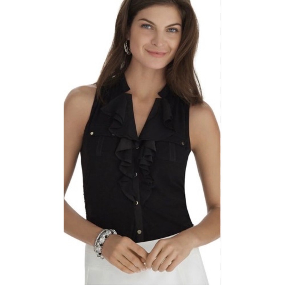 White House Black Market Ruffle Blouse Womens Small Black Sleeveless Snap Front